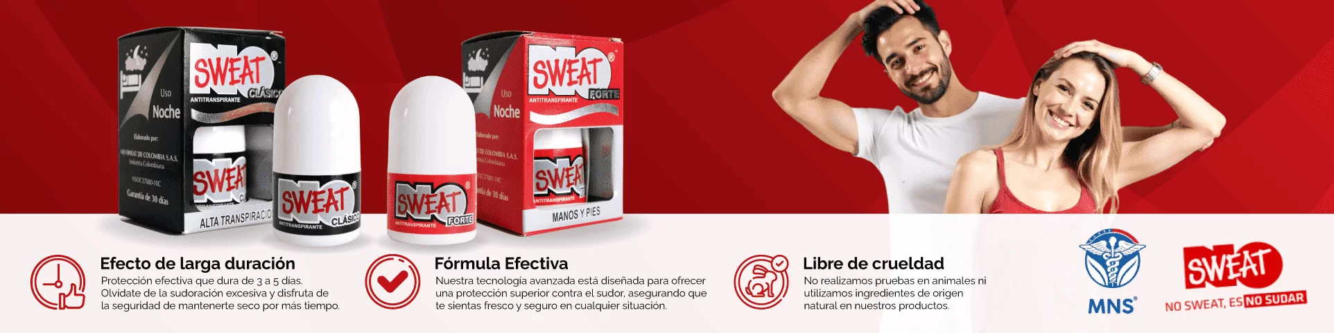 productos para el cuidado personal, banner de productos y beneficios con personas sonriendo sintiendo la frescura y comodidad en sus axilas, textos descripctivos sobre los beneficios de Distribuidora de Productos para el Cuidado Personal No Sweat
